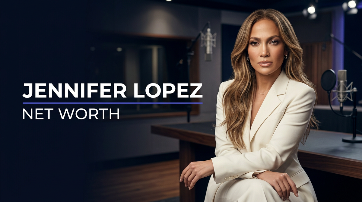 Jennifer Lopez posing on a red carpet in an editorial portrait representing her entertainment career and business empire