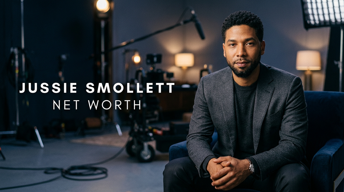 Editorial illustration representing Jussie Smollett's entertainment career, television earnings, and financial balance sheet