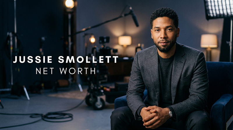 Editorial illustration representing Jussie Smollett's entertainment career, television earnings, and financial balance sheet