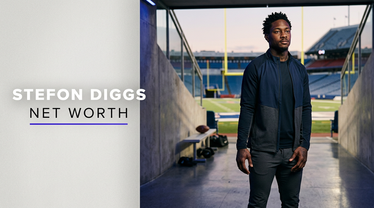 NFL wide receiver Stefon Diggs walking into a stadium wearing high-end fashionable attire