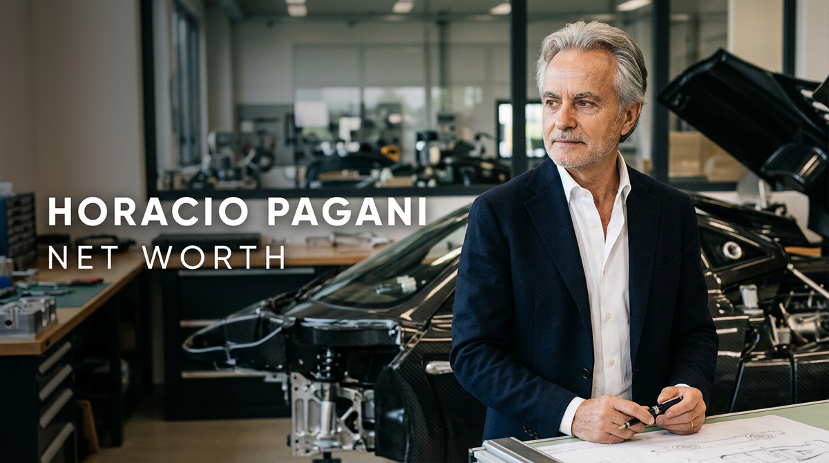 Horacio Pagani standing in front of a Pagani hypercar at the San Cesario sul Panaro atelier