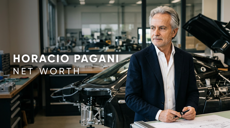 Horacio Pagani standing in front of a Pagani hypercar at the San Cesario sul Panaro atelier