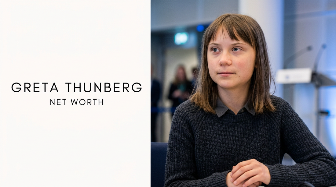Greta Thunberg speaking at a public climate event beside The Worth Index financial analysis graphic