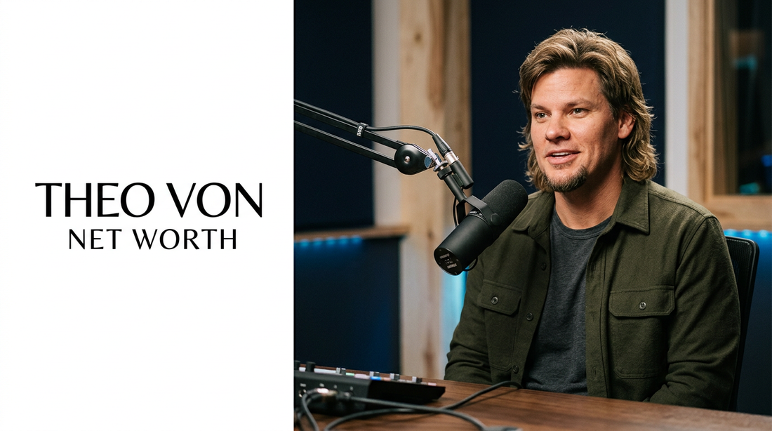 Comedian and podcaster Theo Von performing live on stage during a stand-up comedy tour