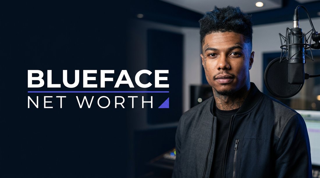 Editorial illustration of Blueface analyzing music earnings, digital media contracts, and legal liabilities