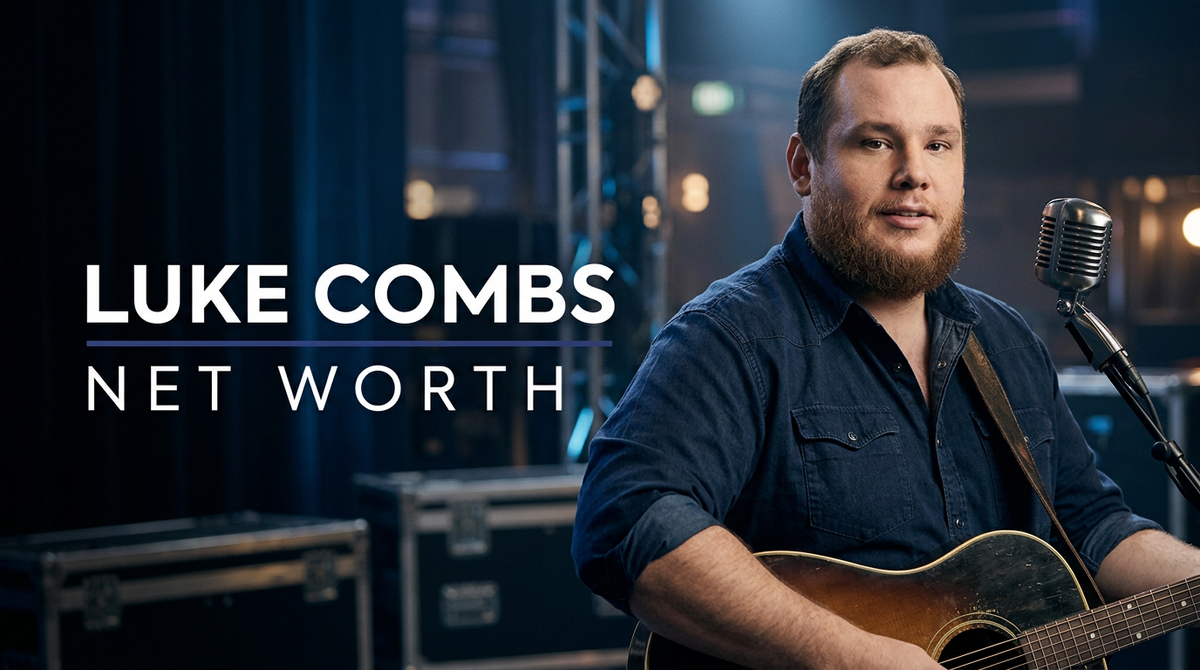 Luke Combs performing live on stage with an acoustic guitar during a stadium concert