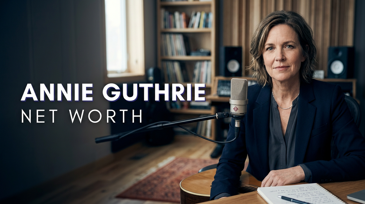 Folk musician Annie Guthrie performing live on stage with an acoustic guitar.