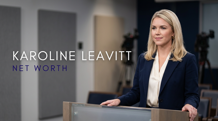 Karoline Leavitt speaking at a press briefing podium as White House Press Secretary