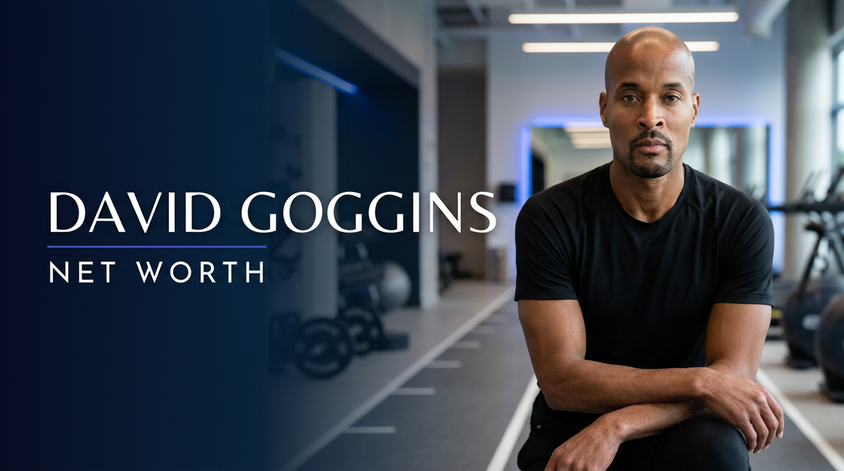 David Goggins speaking at an endurance event and discussing his self-published books