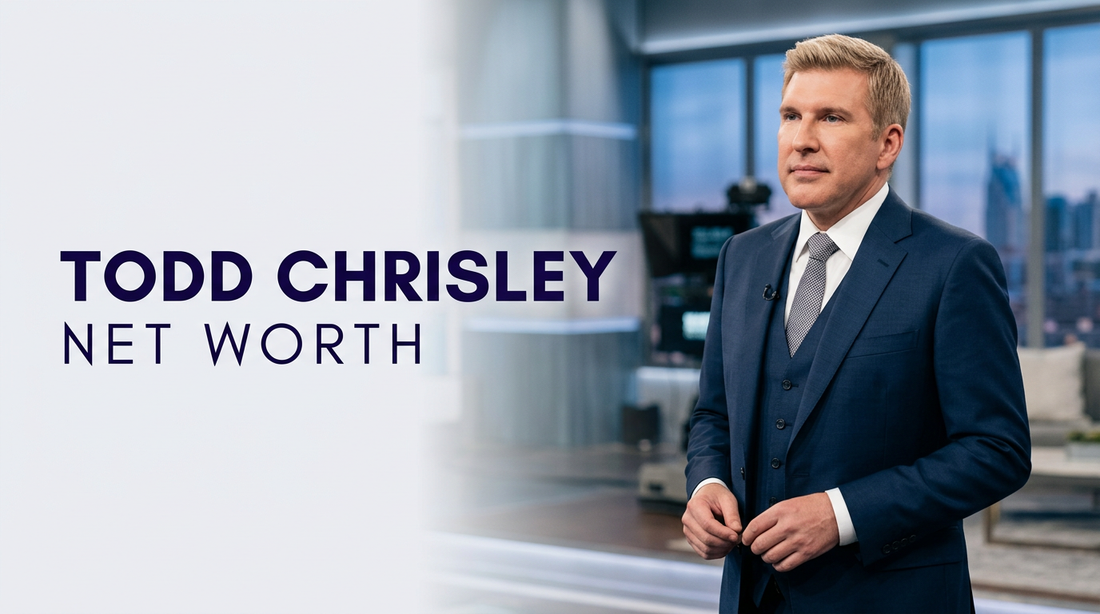 Todd Chrisley net worth editorial illustration showing courtroom balance sheets, reality TV production cameras, and real estate documents